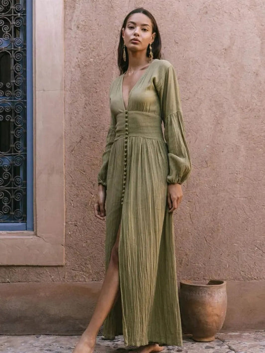 Robe bohème longue hippie chic verte